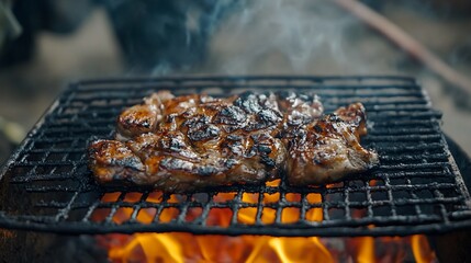 Delicious Grilled Steak on a Fiery Barbecue, Smoky Outdoor Cooking Experience