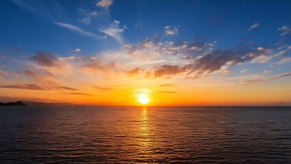 Obraz premium 広々とした真夏の夕焼け 空と海 背景素材 チラシ・バナー・動画素材 AI生成素材