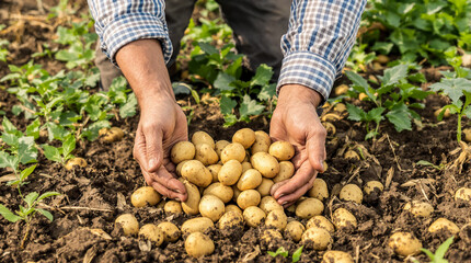 A man is holding a bunch of potatoes in his hands