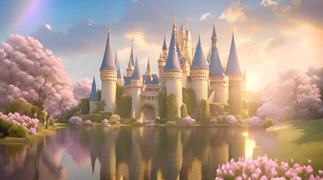 A grand castle in fairy tale fairyland, with towering spires that touch the fluffy clouds, surrounded by a shimmering moat filled with sparkling water