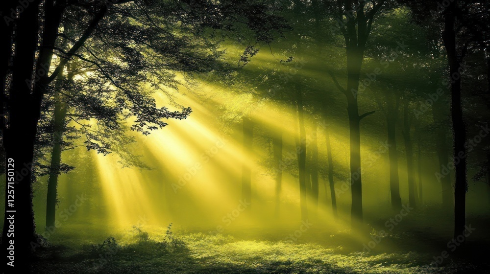 Poster sunlight pierces through the fog in a dense forest