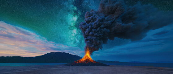A stunning volcanic eruption under a vibrant sky, showcasing fiery lava and billowing smoke against a dramatic backdrop.