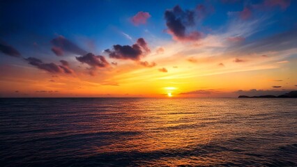 Obraz premium 広々とした真夏の夕焼け 空と海 背景素材 チラシ・バナー・動画素材 AI生成素材