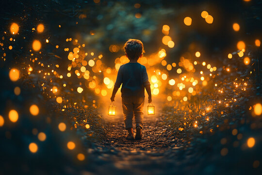 Young Boy Walking Path Lantern Lights Night