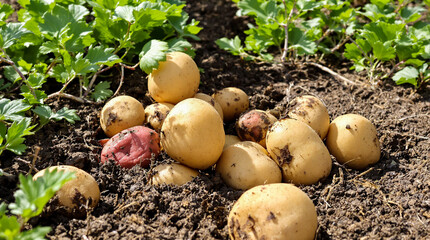 A bunch of potatoes are in the dirt.