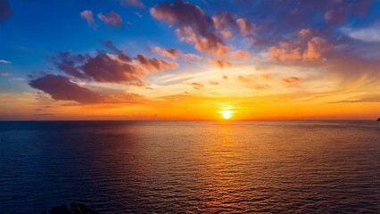 Fototapeta premium 広々とした真夏の夕焼け 空と海 背景素材 チラシ・バナー・動画素材 AI生成素材