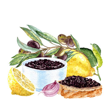 watercolor olives, lemon, caviar, garlic still life clip art preview
