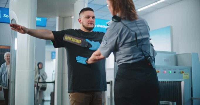 Security Checkpoint in Airport: Adult Man Walking Through Scanning Gates. Security Officers Inspecting Passenger with Metal Detector Scanner for Flight, Finding Mobile Phone. TSA Screening Procedures.