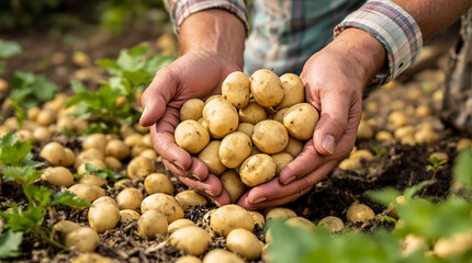 A man is holding a bunch of potatoes in his hands