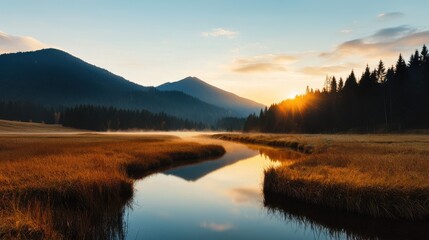 A serene landscape featuring mountains, a calm river, and golden grass illuminated by a beautiful sunrise.