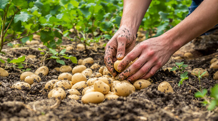 A man is holding a bunch of potatoes in his hands