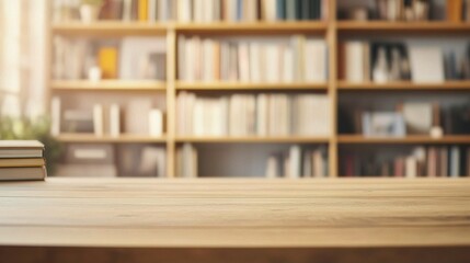 Modern Workspace with Empty Office Desk Surrounded by Bookshelves