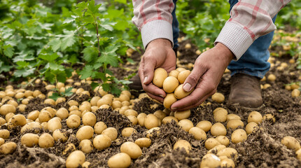 A man is holding a bunch of potatoes in his hands