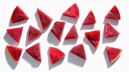 Neatly Arranged Slices of Watermelon Isolated on White Background