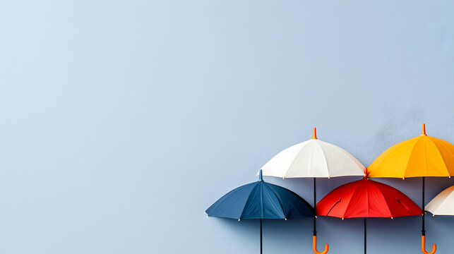 Colorful umbrellas arranged on blue background, copy space