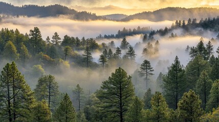 Obraz premium Fog drifts through trees in a mountainous landscape at sunrise