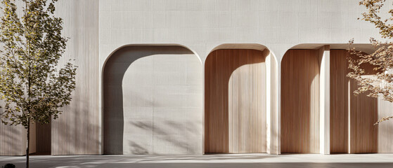 Modern architecture with elegant arches and light textures in urban setting