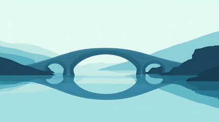 Serene Stone Bridge Spanning Calm Water Amidst Misty Mountains