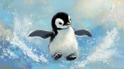 Obraz premium Cute baby penguin standing amidst a painterly blue background