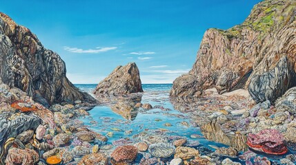 A rocky beachside with tide pools filled with marine life, reflecting the bright blue sky.