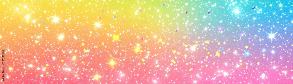 Poster rainbow gradient background filled with glittering stars and confetti