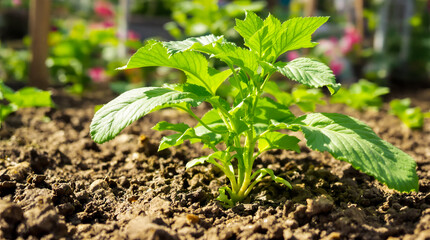 A potato plant grows in the ground.