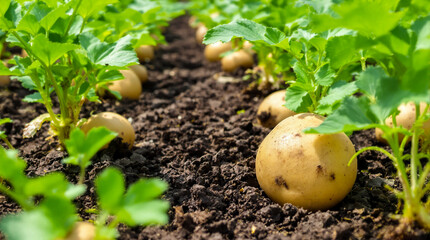 A bunch of potatoes are in the dirt.