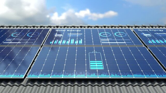 Solar Panels Installed on Rooftop with digital display data, Green alternative energy concept.