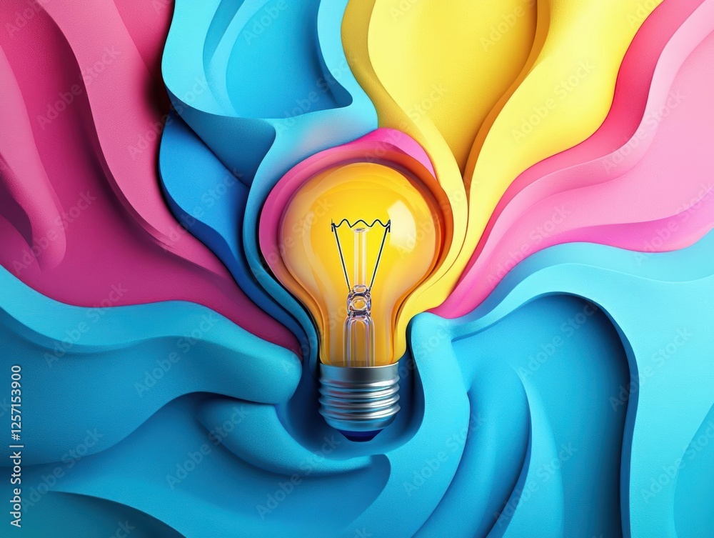 Poster Light bulb illuminated in vibrant colorful background with various shades and patterns surrounding it