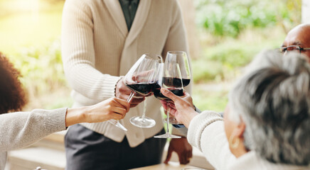 Family, toast and outdoor hands for celebration on vacation, easter lunch and proud to connect. People, cheers and sharing traditional holiday in home backyard, social gathering and patio party