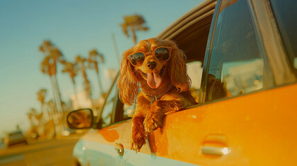 Dog Wearing Heart Sunglasses in Car.