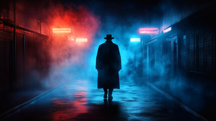 Fototapeta premium Silhouette in a foggy alleyway