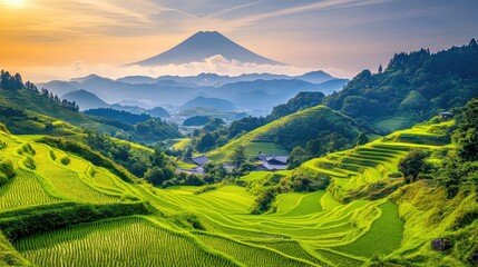 Obraz premium A scenic rice field in Japan with Mount Fuji visible in the distance.