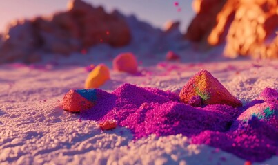 Colorful stones on white sand, sunset landscape, surreal art, background design