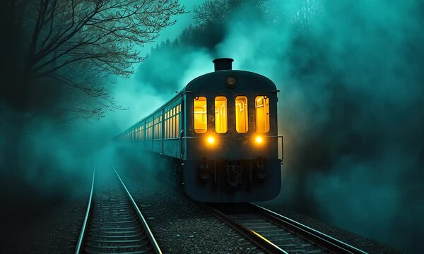 A vintage train chugging through a misty forest at dusk, illuminated by glowing headlights
