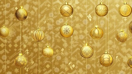 Golden Christmas ornaments hanging against a gold patterned background.