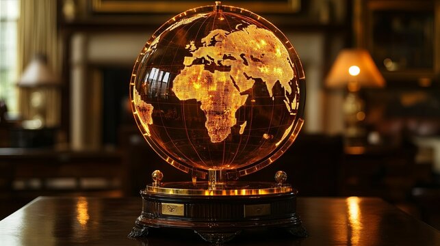 Elegant illuminated globe showcasing continents in a vintage setting with warm lighting during an evening gathering