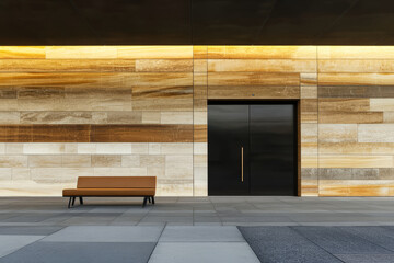 Modern entrance with wooden wall design and sleek bench in city setting
