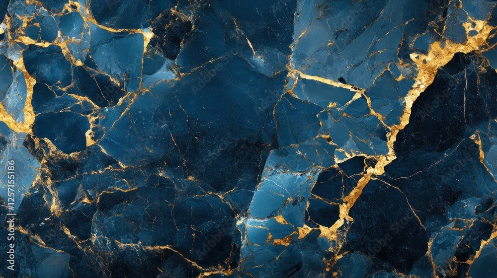 Poster Abstract blue marble background with golden cracks throughout surface
