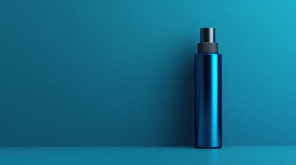 A shiny blue spray bottle against a matching blue background