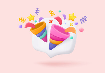 3d icon sign party poppers with flying. Birthday party and anniversary with cone popper. Firecracker explodes with ribbon explode for surprise. 3d confetti bang winner icon vector render illustration