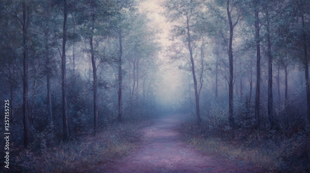 Poster a path winds through a serene and misty forest scene