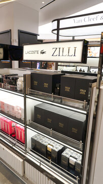 Doha, Qatar - January 20, 2025: Duty free shop in International Doha airport, Zilli brand. Boutiques in airport, defocused. Interior of airport building.