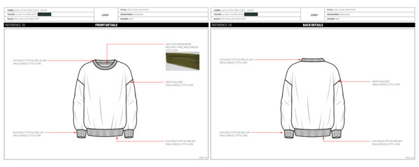 Men's Terry Fleece round neck sweatshirt Fashion Design Technical Tech Pack. 