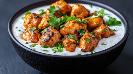 Fototapeta premium Grilled chicken in yogurt sauce, close-up, served in a bowl. Possible use Stock photo for food, cooking, recipes, restaurant menu