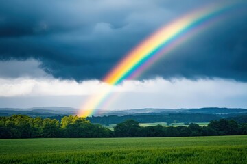 Obraz premium Rainbow over a vibrant green field of crops under a clear blue sky during the daytime