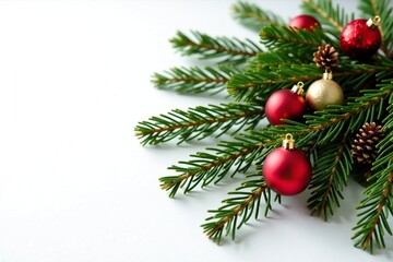 Mistletoe draped over a spruce branch with red and gold balls and pine cones on a white background, Christmas decorations, spruce branch