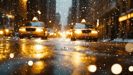 Fototapeta premium Snow falls gently on busy city street as yellow taxis navigate through illuminated urban scenery in winter evening