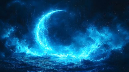 Mystical Blue Crescent Moon over Ocean Waves Fantasy Night Scene Digital Art