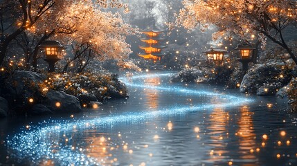 Fototapeta premium Enchanting Illuminated River Path in Magical Japanese Garden with Pagoda